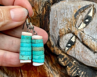 Vintage Stacked Turquoise White Shell Disc Heishi Earrings, Santo Domingo Pueblo Native America