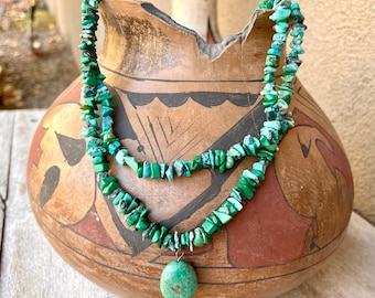 Vintage Two-Strand Chip Turquoise Drop Necklace Approx 17", Southwestern Jewelry, Rodeo Fashion