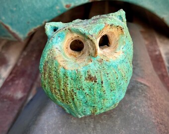 Signed Art Studio Pottery Owl Sculpture Green Glaze Brutalist Art, Wildlife Nocturnal Bird Gift