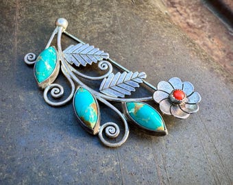 Vintage Southwestern Turquoise Coral Flower Pin Brooch, Unsigned, Navajo Style