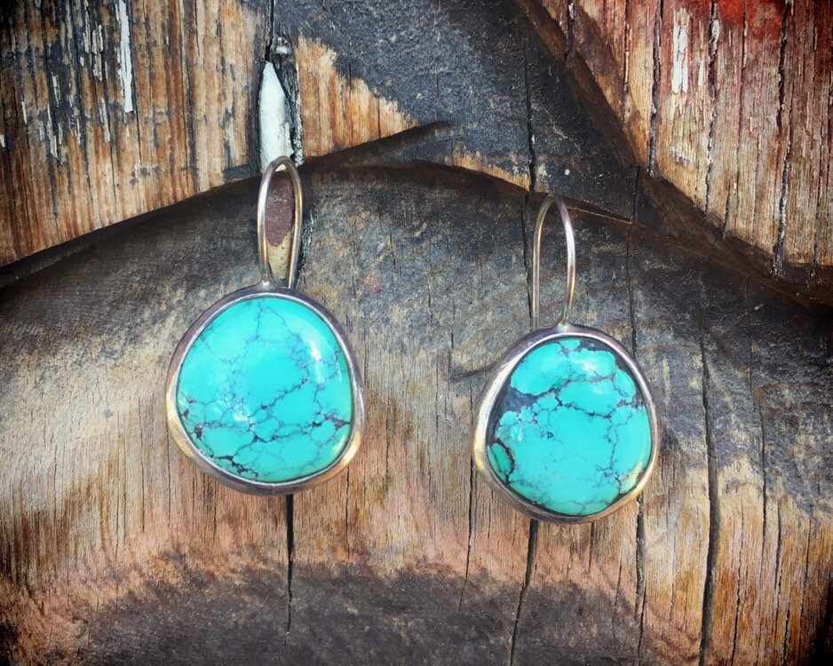 Simple Turquoise Earrings for Women, Sterling Silver Turquoise Round Earrings, Bohemian Jewelry