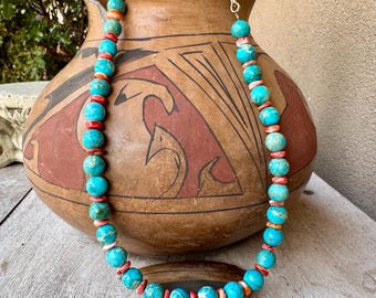 Turquoise Spiny Oyster Bead Necklace Approx 18", Shorter Length, Southwestern Jewelry