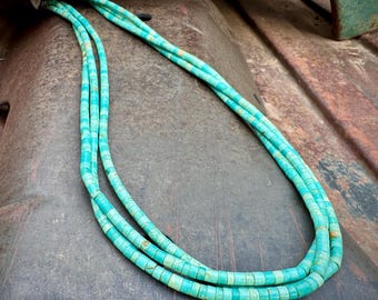 Three-Strand Blue Turquoise Heishi Bead Necklace Approx 26", Vintage Native American