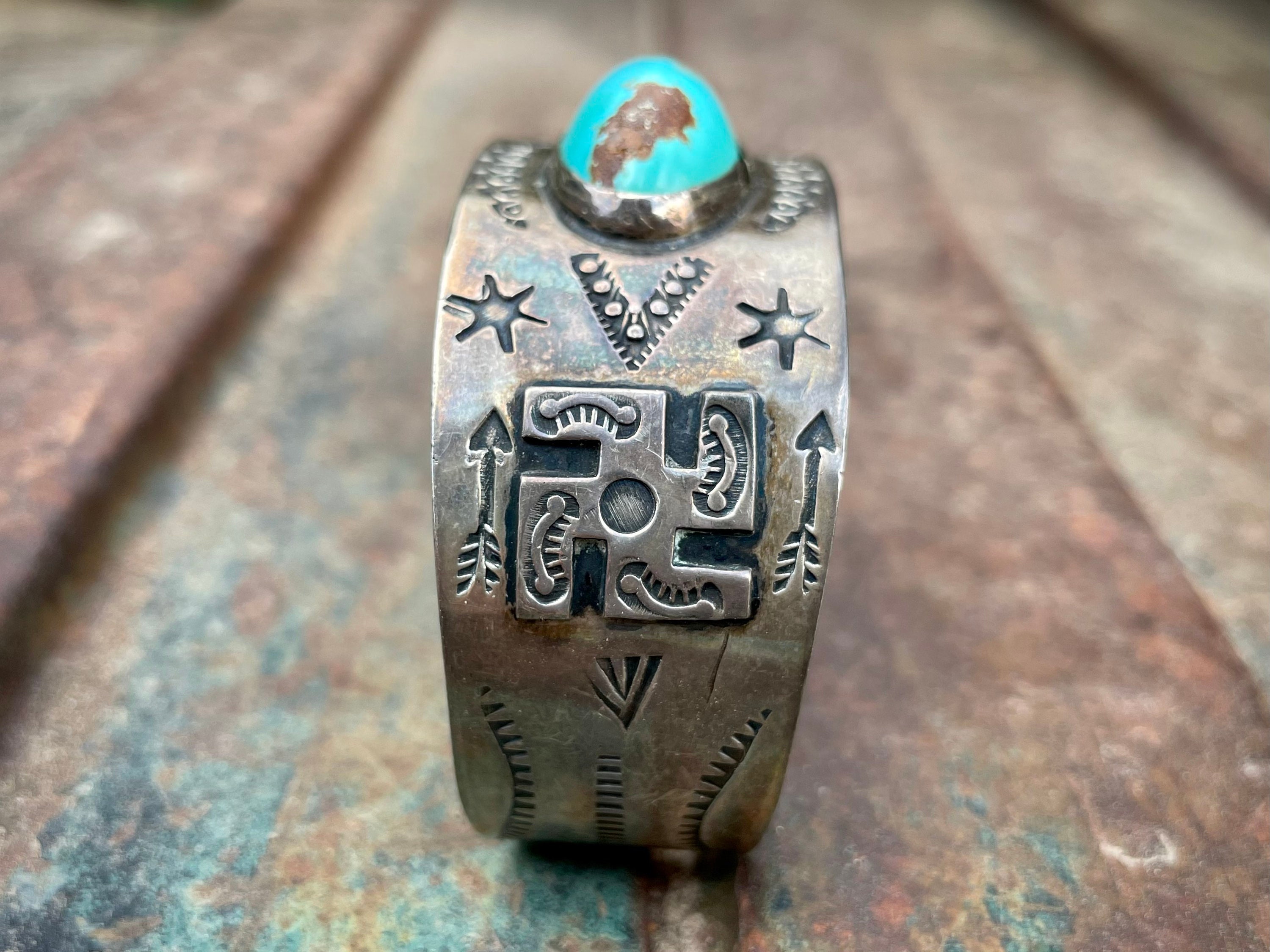 Fred Harvey Era Silver Cuff Bracelet with Whirling Logs and Fred Harvey Era Silver Cuff Bracelet with Whirling Logs and