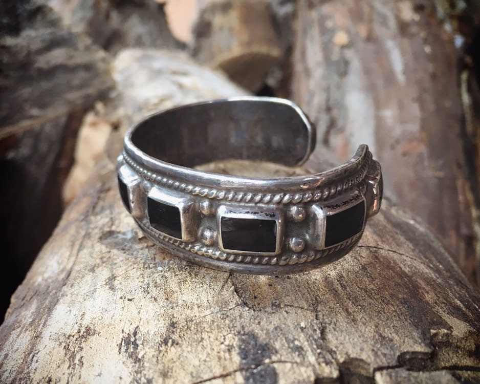 Heavy Vintage Sterling Silver and Black Onyx Cuff Bracelet for Women