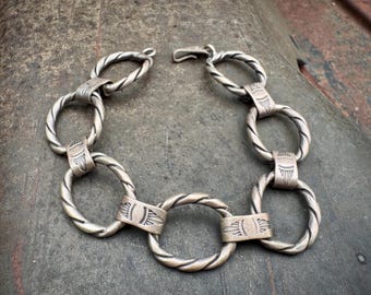 Vintage Sterling Silver Link Chain Bracelet Approx 7.5", Twist Wire, Fred Harvey Style