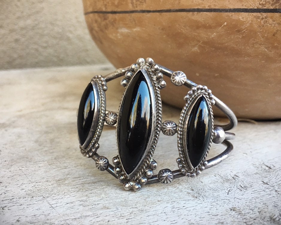 Authentic Navajo Black Onyx Bracelet - Handmade Sterling Silver, 7.5" Length, Nickel Clasp