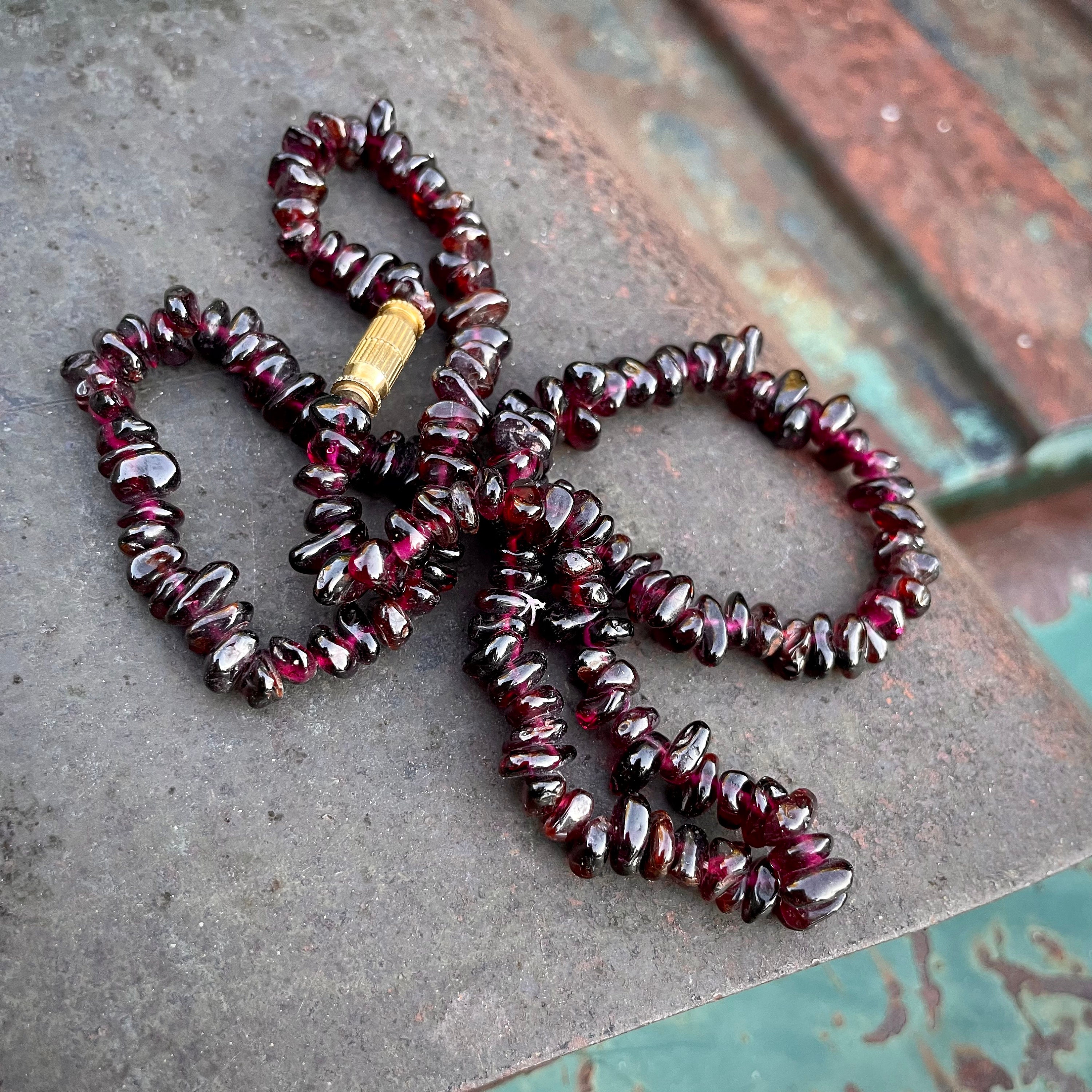 Art Deco Garnet Bead Necklace with Gold Tone Barrel Clasp, 1930s 1940s  Estate Jewelry Gemstone