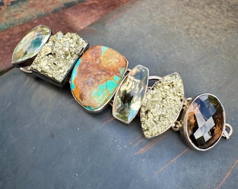 Turquoise Smoky Quartz Link Bracelet Size 7 to 8.5, Sterling Silver Pyrite Druzy