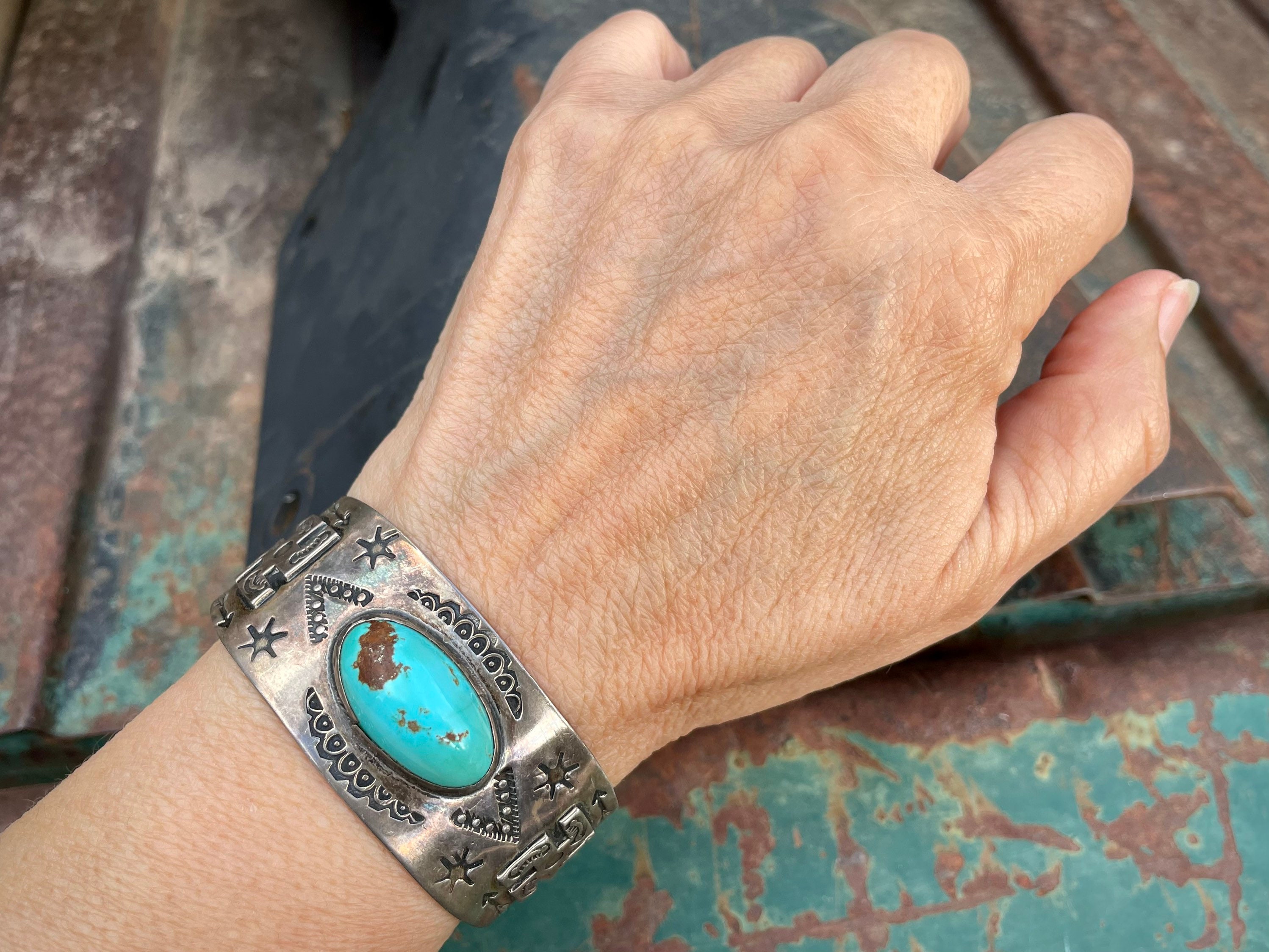 Fred Harvey Era Silver Cuff Bracelet with Whirling Logs and Fred Harvey Era Silver Cuff Bracelet with Whirling Logs and