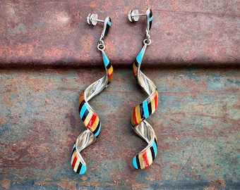 Signed Zuni Multi-Color Channel Inlay Sterling Silver Spiral Earrings 3" Long