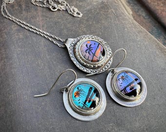 Sterling Silver Butterfly Wing Under Glass Pendant Necklace & Earrings