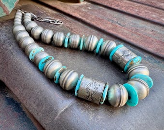 Big Sterling Silver Bead and Turquoise Wafer Necklace Approx 20", Satin Finish