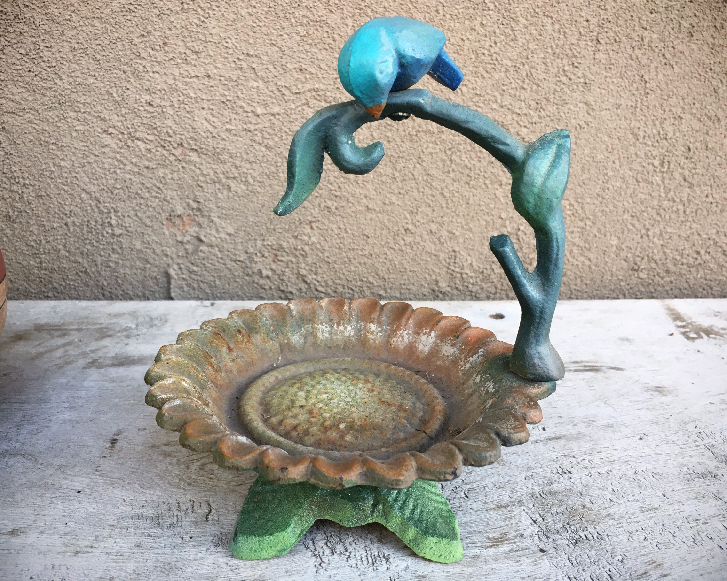 Vintage Rusty Metal Cast Iron Bird Bath, Cottage Garden Decoration