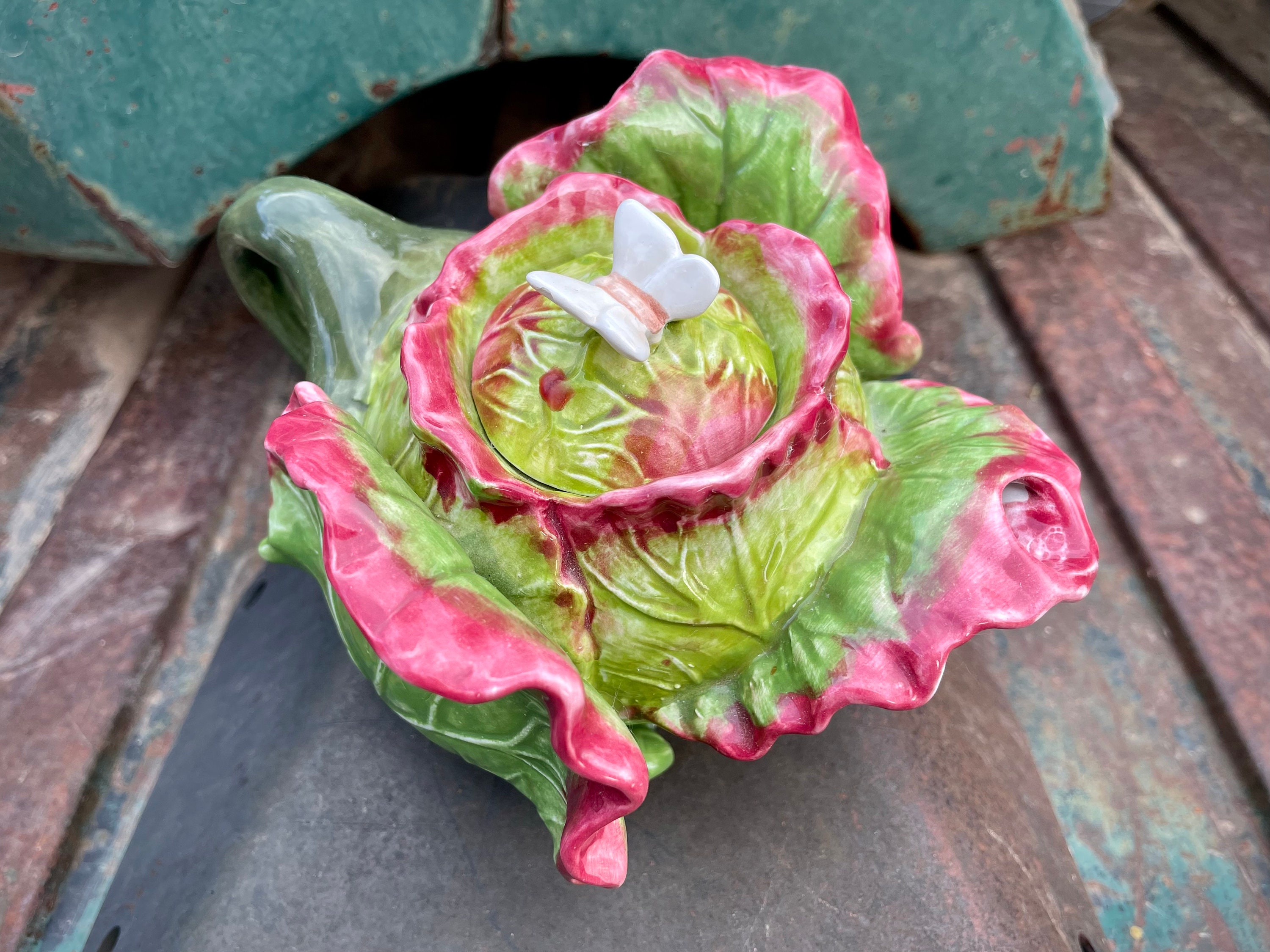 Vintage Red Leaf Lettuce Kale Shaped Teapot by Jay Willfred for Andrea