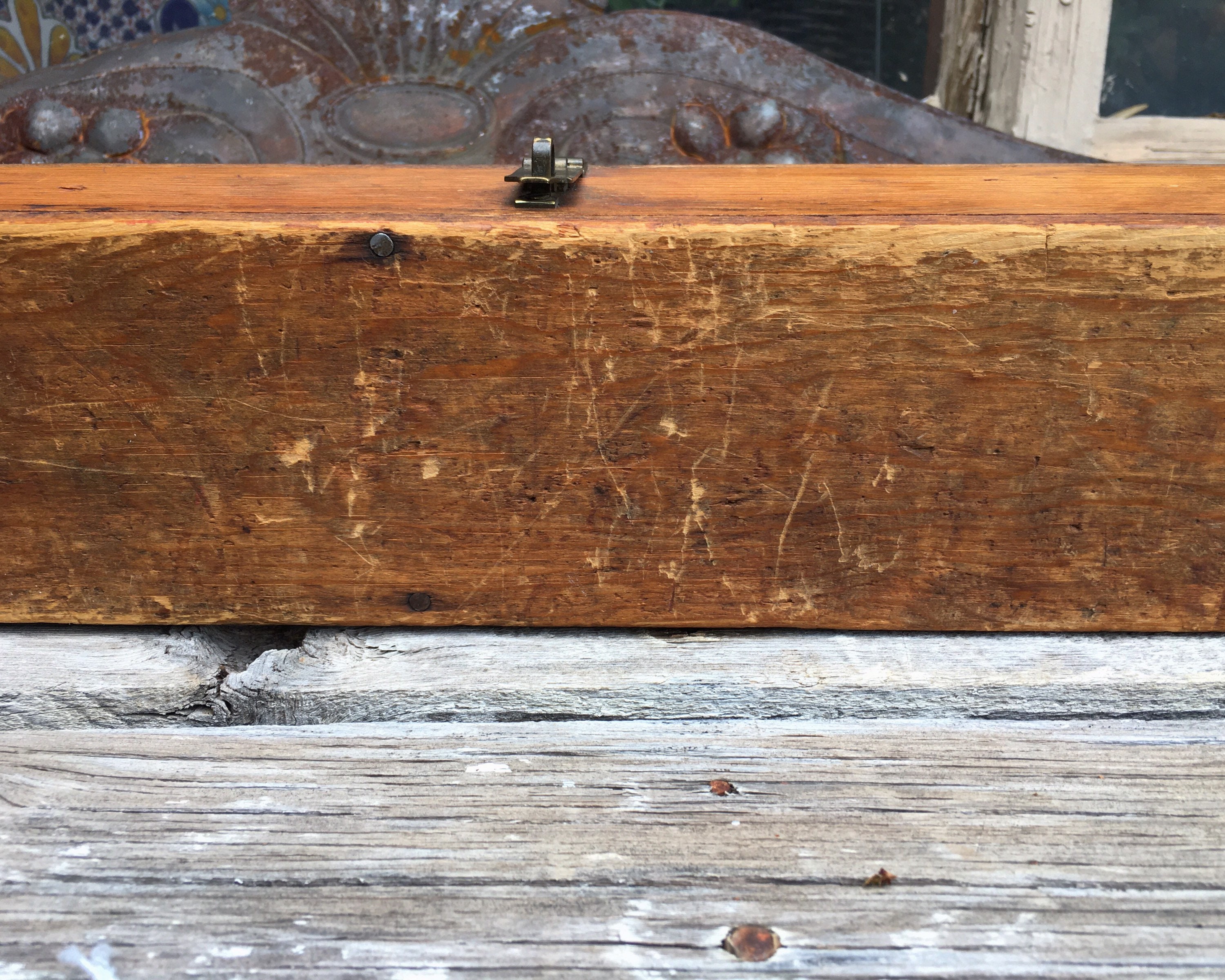 Early 1900s Antique Stained Pine Wooden Box for Fishing Pole