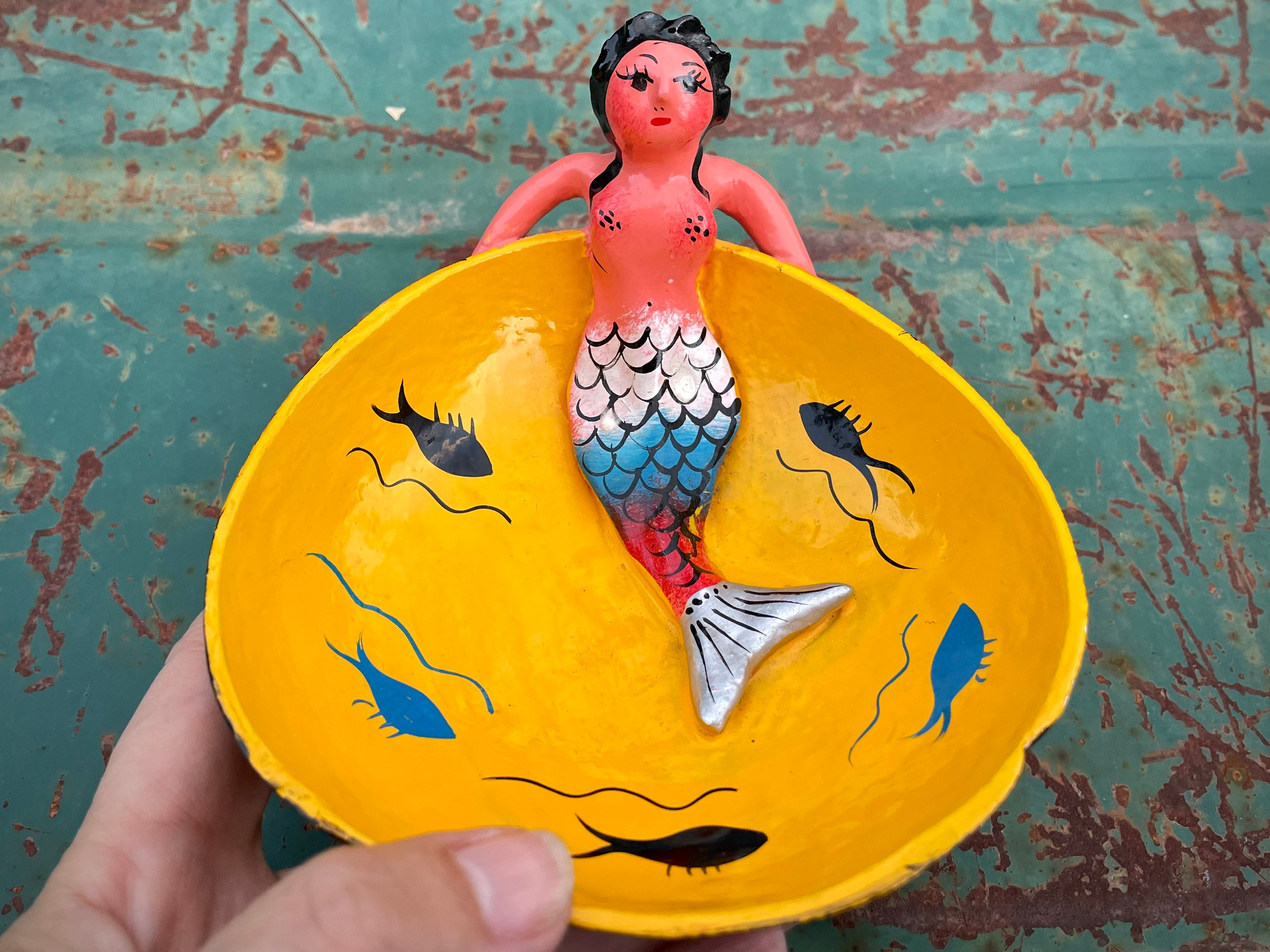 Vintage Mexican Folk Art Mermaid Coconut Shell Trinket Dish, Mexican