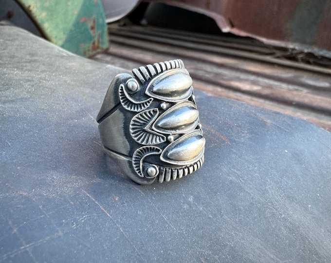 Featured listing image: Navajo Derrick Gordon Sterling Silver Cigar Band Ring Approx Size 13, Previously Resized