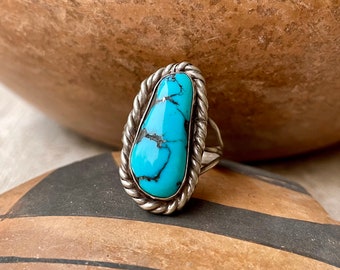 Vintage Black Matrix Turquoise Ring for Women Size 10, Navajo Native American Indian Jewelry