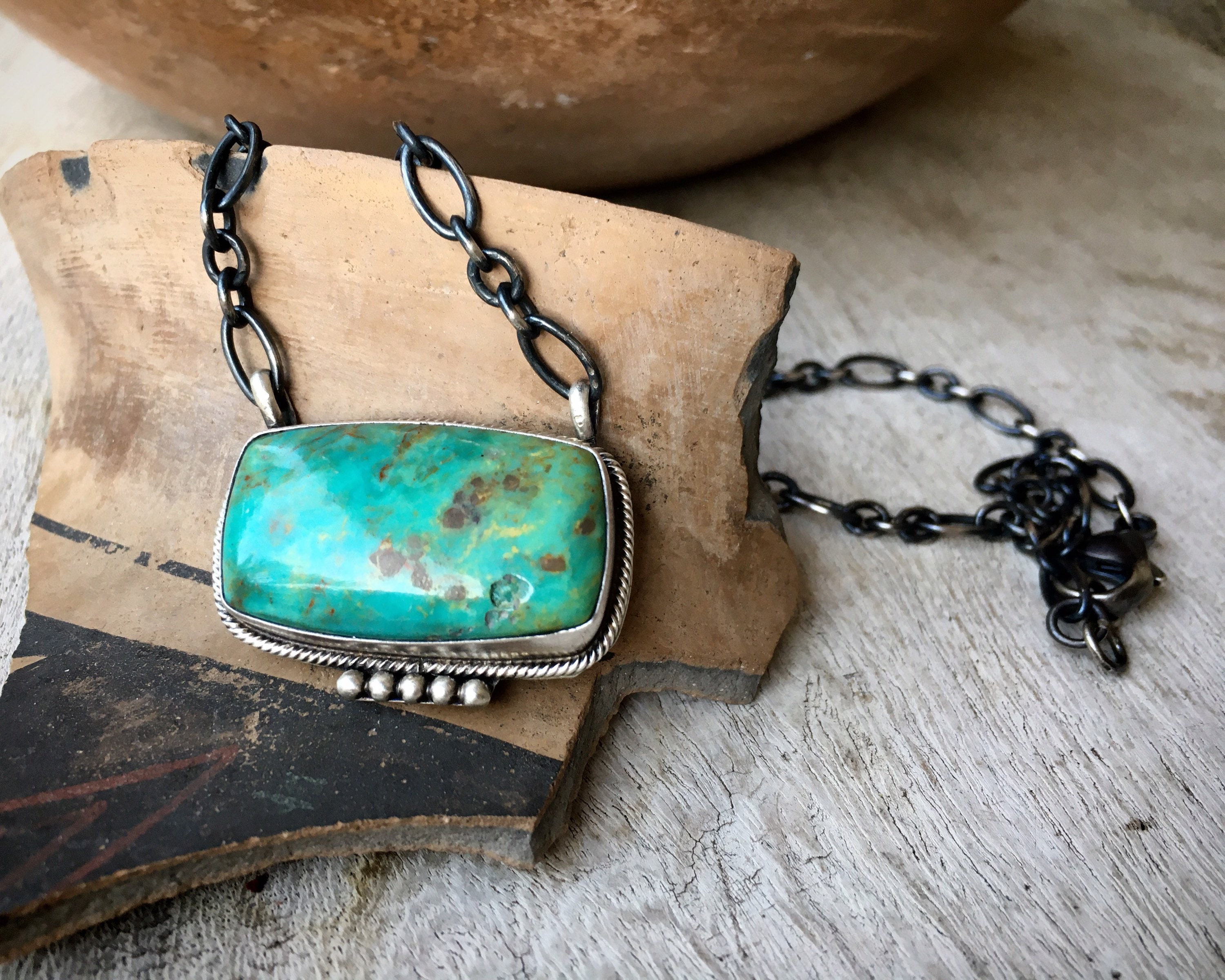 Navajo Esther Spencer Turquoise Bar Necklace with Oxidized Sterling