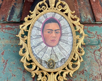 Vintage Brass Metal Frame Wall Hanging 10x13 with Frida Print (Removable), Altar Decorations