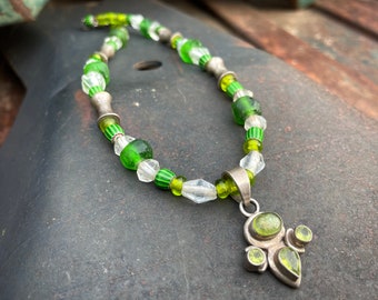 Vintage Sterling Silver Peridot Pendant on Trade Bead Necklace Approx 15.5", Tribal Jewelry