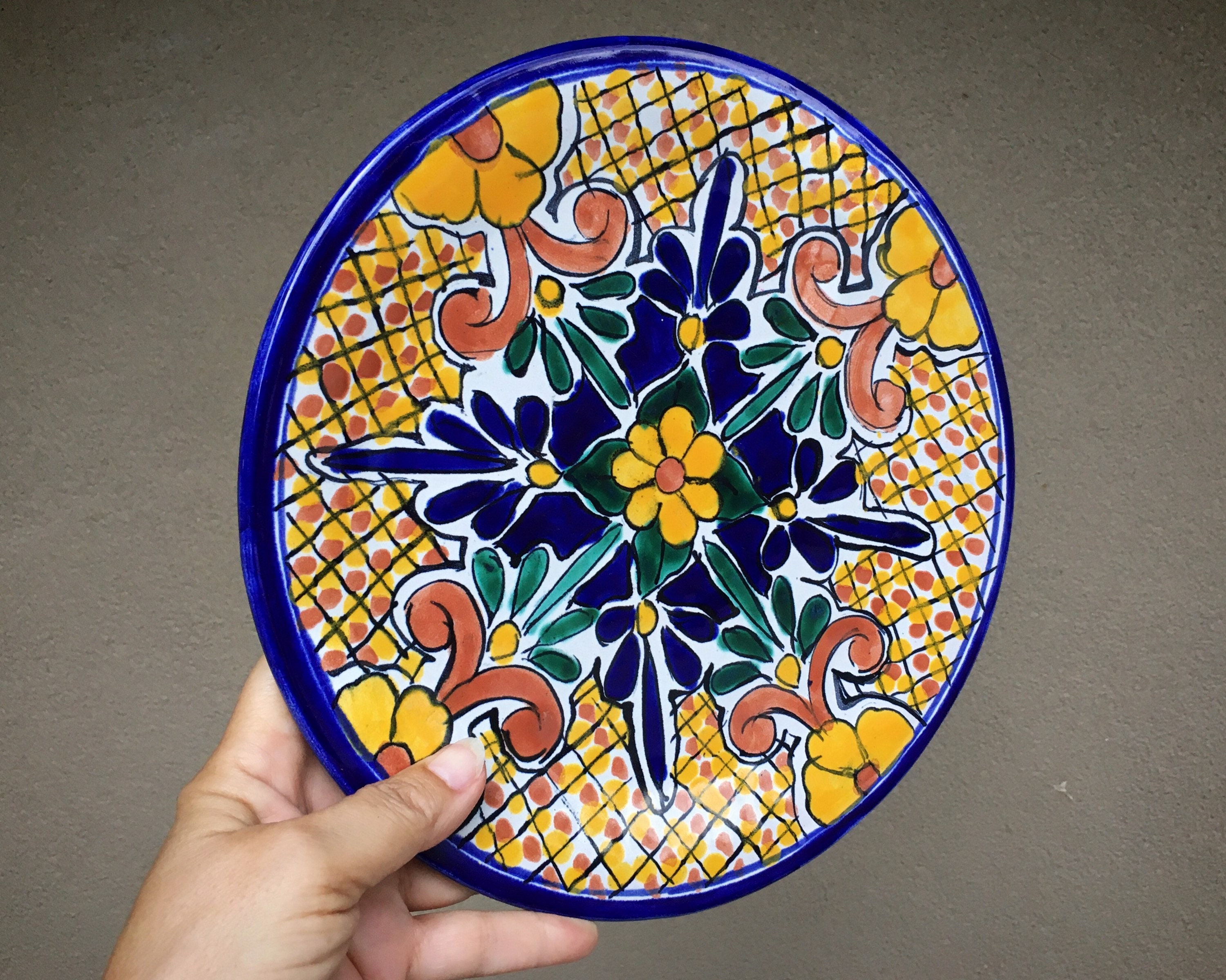 101/4 Mexican Talavera Plate Wall Hanging Yellow Blue, Rustic