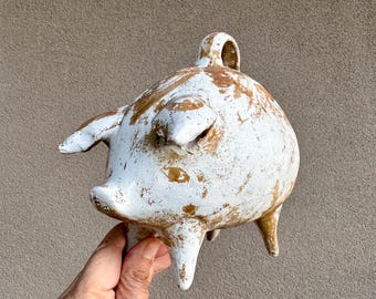 Distressed Vintage Mexican Pottery Piggy Bank, Much Discoloration, Opens by Breaking