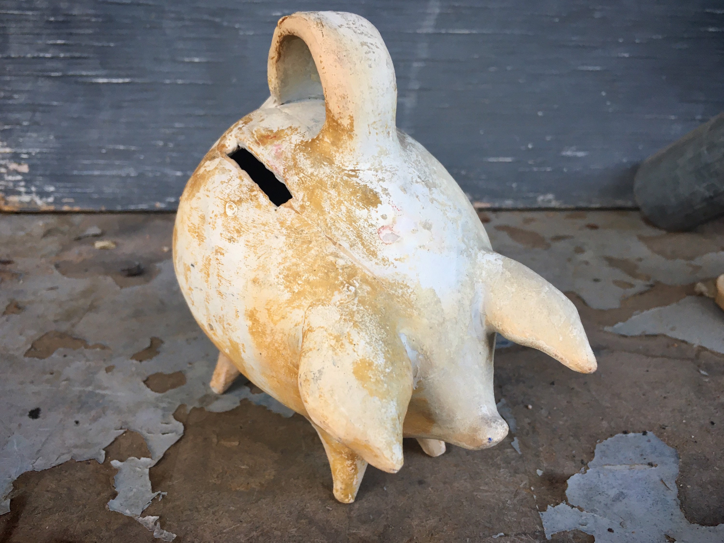 Vintage Mexican Pottery Piggy Bank, Clay Pig Breakable Coin Bank
