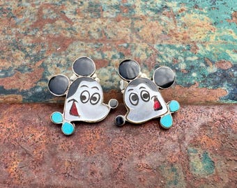 Small Cartoon Mouse Earrings Inlay Mother of Pearl Onyx, Vintage Zuni Zuni Toons Jewelry
