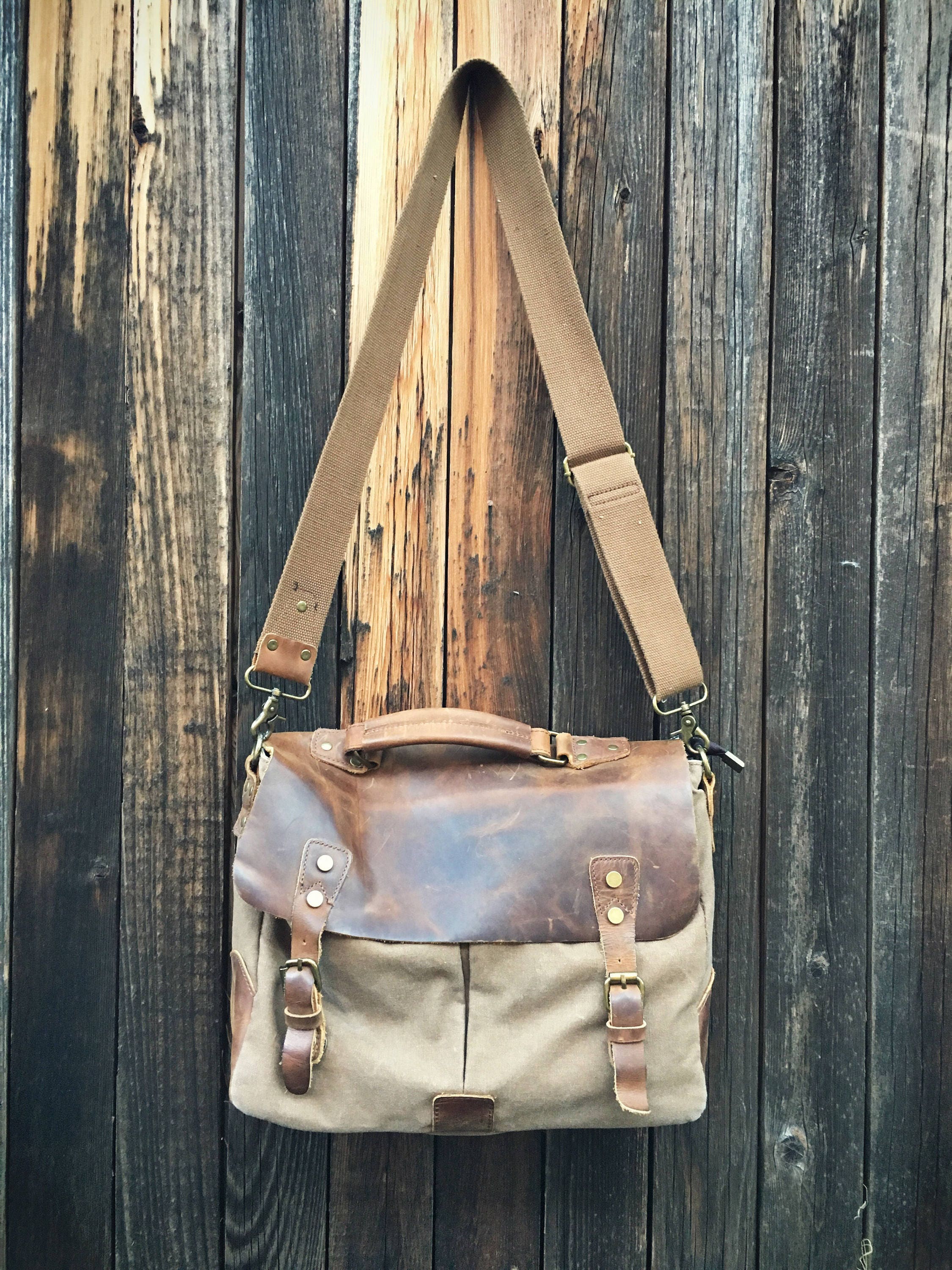 Vintage canvas and distressed leather messenger bag men or women's ...