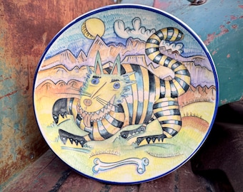 Vintage Art Studio Pottery Plate 10.5" by Rabbit Artworks Bob Brodsky, Cat Design