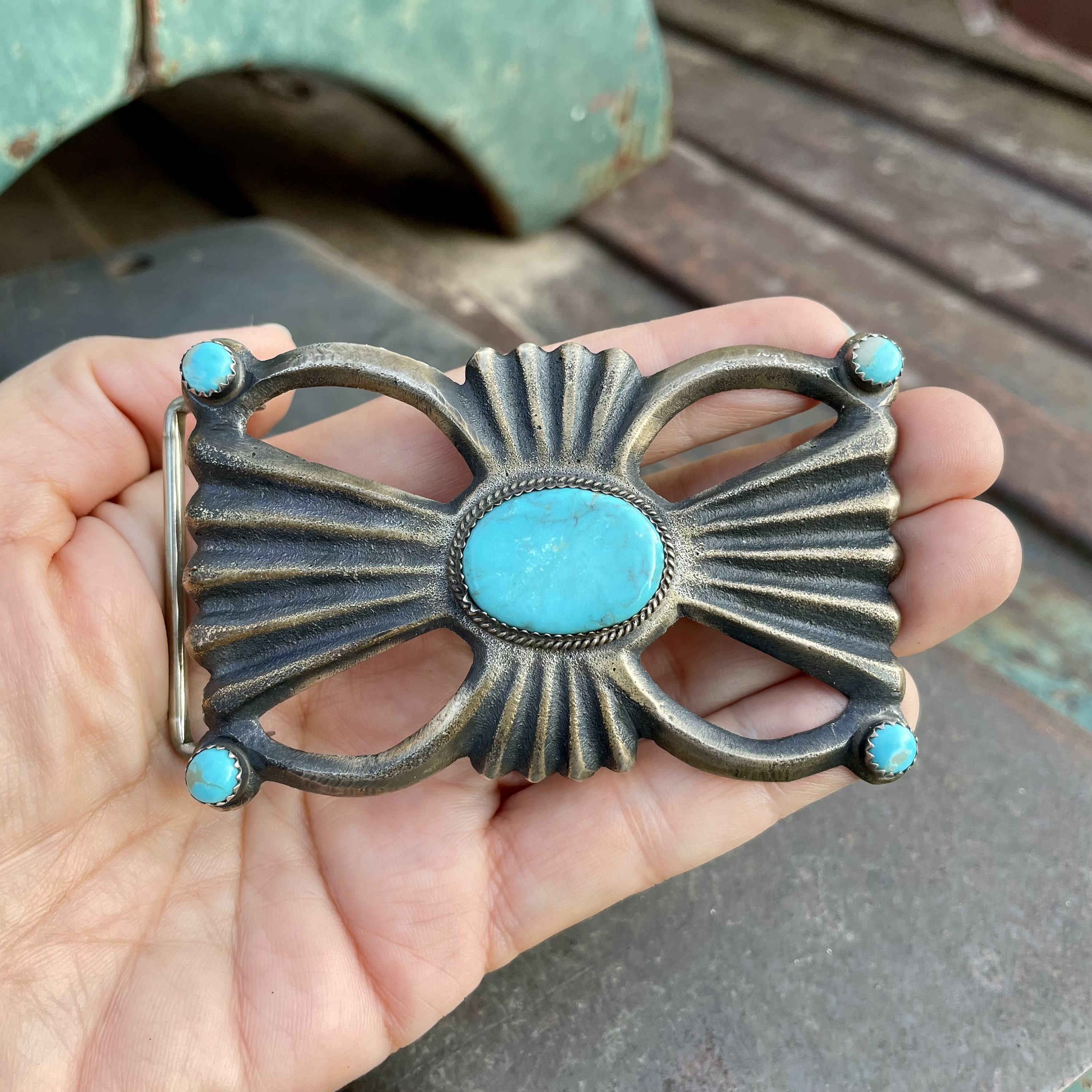 Vintage Navajo Sterling Silver and Turquoise Belt Buckle