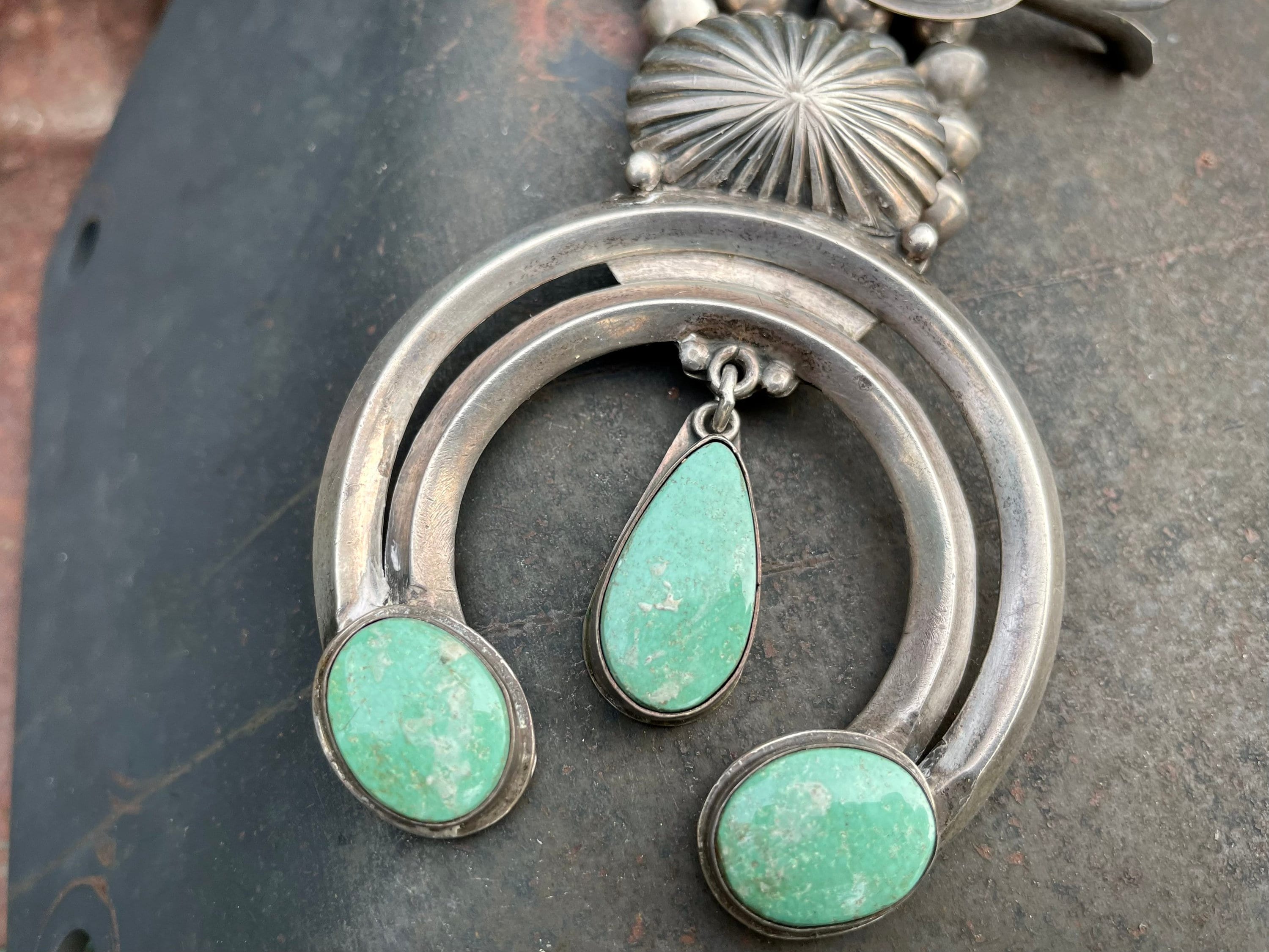 167g Green Turquoise Squash Blossom Necklace Circa 1980s, Vintage