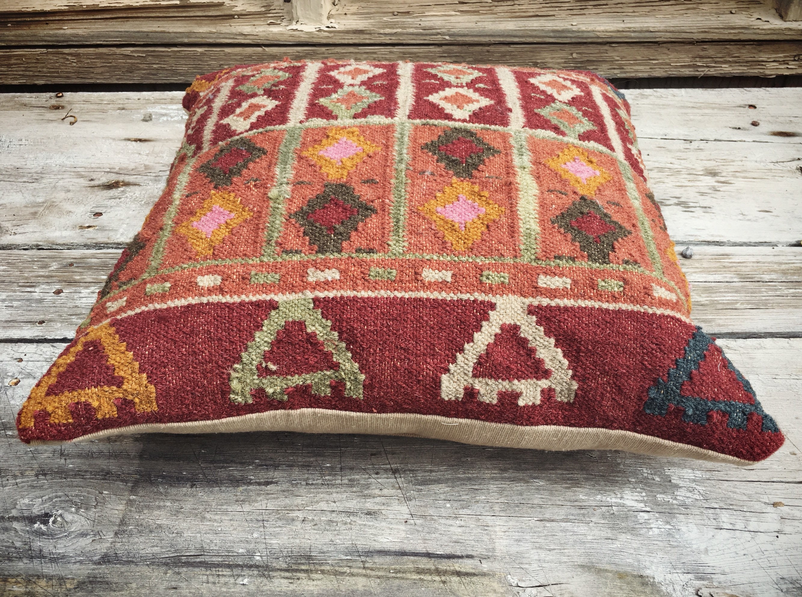Vintage Turkish Kilim Pillow Beige Orange Red Decor 17 x 17, Accent