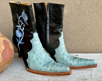 Vintage Stiletto Heel Mexican Pointy Boots Two-Tone Blue Ostrich Leather Women's Size 5.5 to 6.5