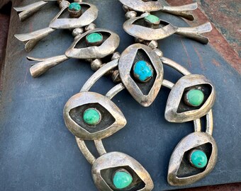 Vintage Natural Turquoise Shadowbox Squash Blossom Necklace 26.5", 229g Circa 1980s