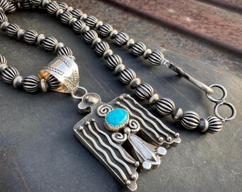 Navajo Alonzo Mariano Sterling Silver Turquoise Thunderbird Pendant on 20" Bead Necklace