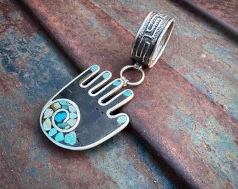 Kewa Joel Pajarito Sterling Silver Multi-Stone Inlay Hand Pendant, No Chain