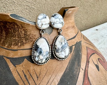 White Buffalo Dangle Earrings by Navajo Mary Jane Garcia, Traditional Native American Indian Jewelry Women's, Black-and-White Santa Fe Style