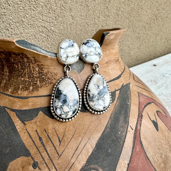 White Buffalo Dangle Earrings by Navajo Mary Jane Garcia, Traditional Native American Indian Jewelry Women's, Black-and-White Santa Fe Style