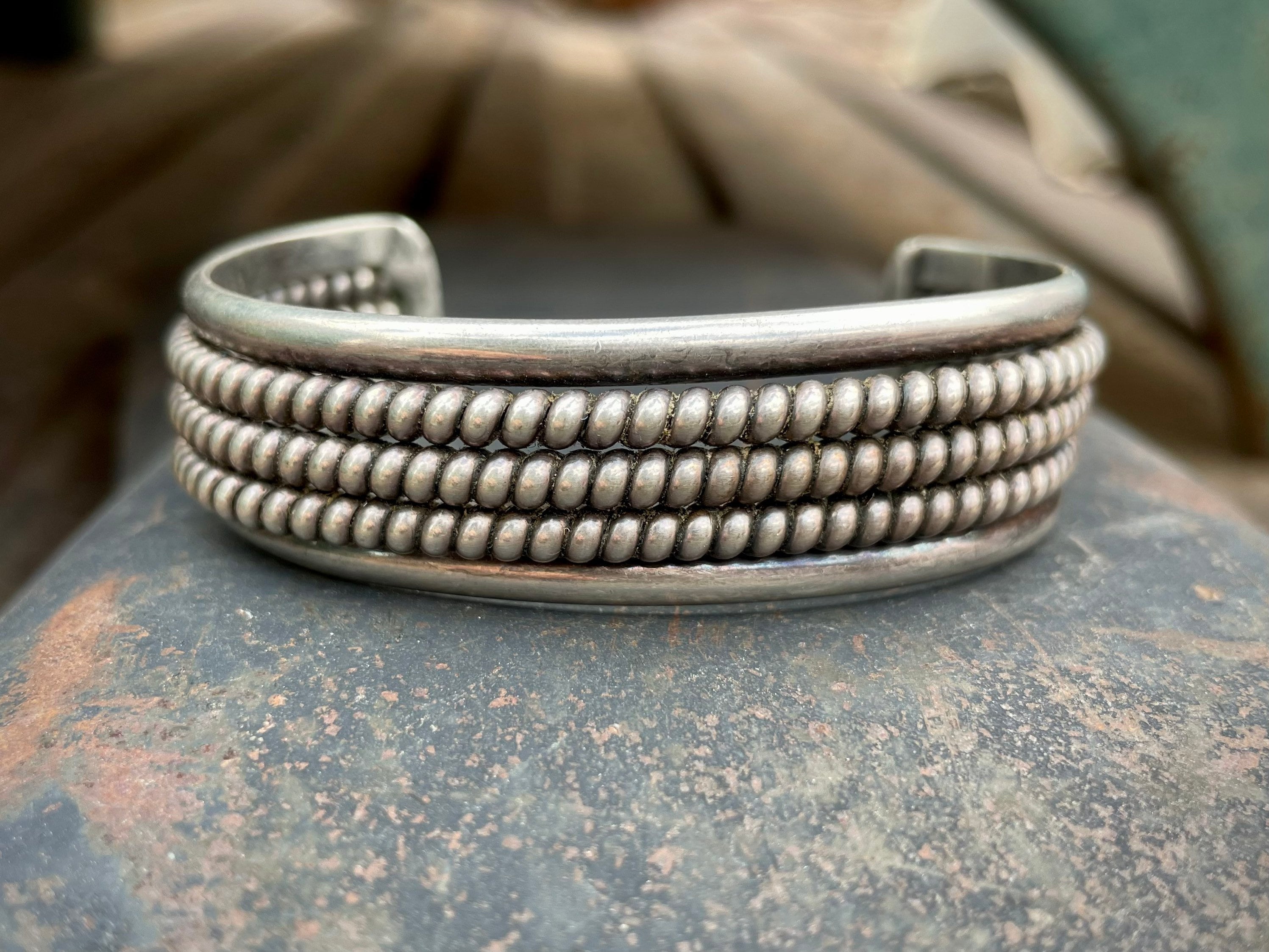 Vintage Navajo Sterling Silver Wide Twisted Wire Stamped Cuff Bracelet 