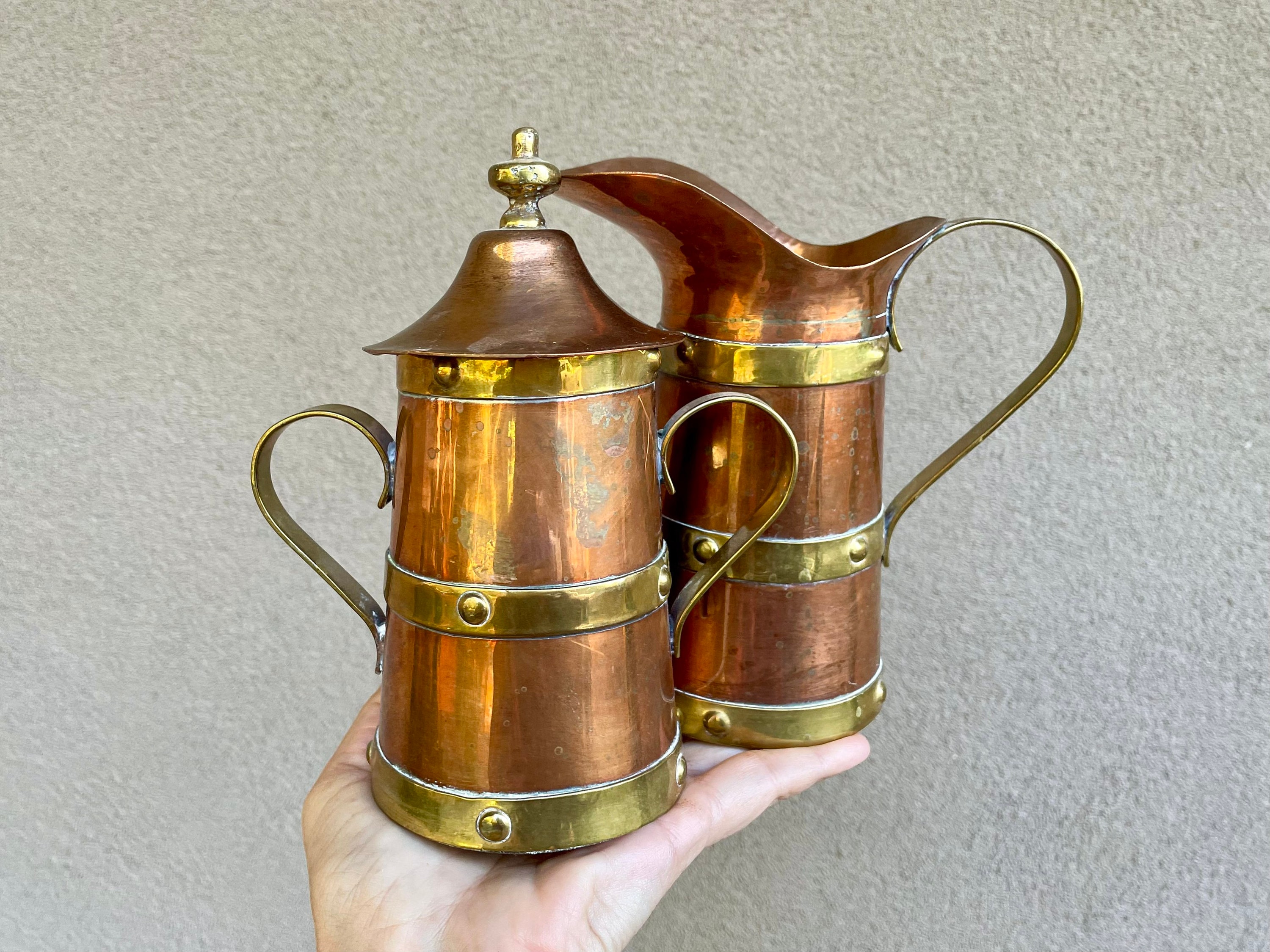 Antique Copper Coffee Pot Set with Brass Bands Mission Era, Matching Milk  Pitcher Sugar Bowl