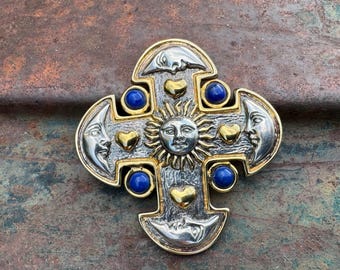 Vintage Mexican Sergio Bustamante Sterling Silver Lapis Sun Moon Cross Pendant, Gilt Accents