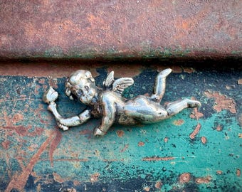 Vintage 925 Sterling Silver Cherub with Torch Brooch Pin 2.25" Wide 14g, Angel Jewelry