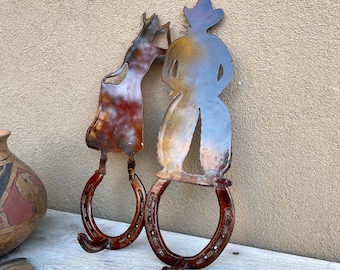 Pair of Wall Mount Metal Cowgirl and Cowboy Single Hooks Made with Real Horseshoes, Cabin Decor