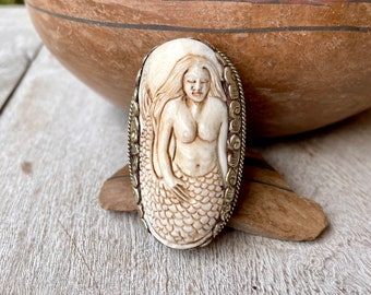 Large Adjustable Ring of Mermaid Carving Set into Silver Tone Bezel, Bohemian Tribal Jewelry