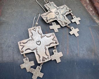 Vintage Stamped Sterling Silver Cross Earrings by Judith Young & Allan Edgar, Yalalag Style