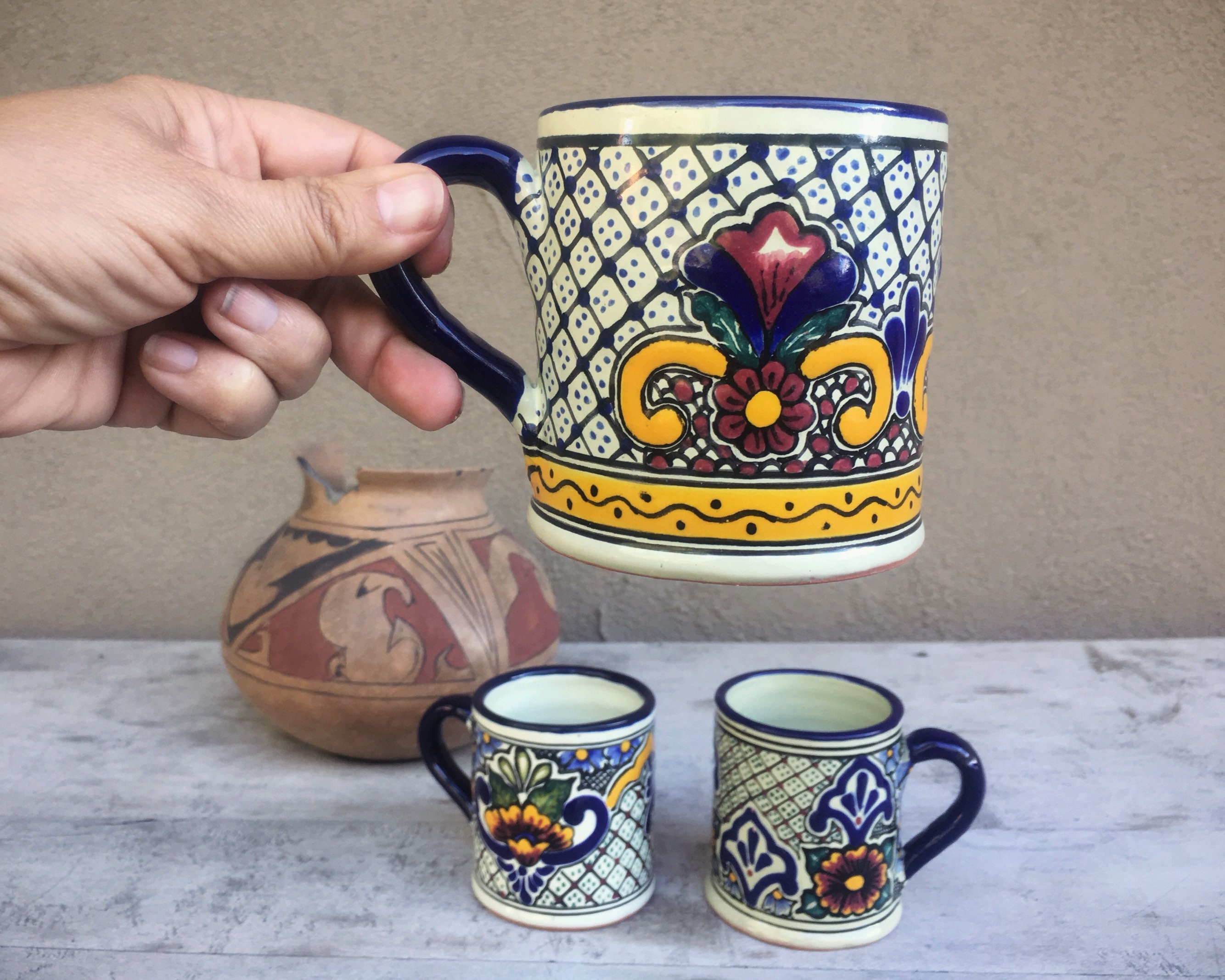 Three Vintage Talavera Pottery Mugs Blue Yellow Mexican