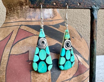 Turquoise Jet Inlay Earrings Sterling Silver Spirals by Santo Domingo Daniel Coriz